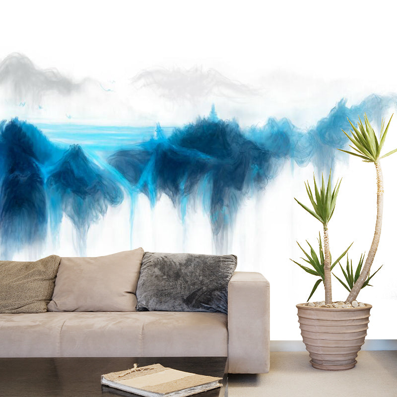 River Mountain Landschaft Wandmural Tapete Blau und Weiß Moderne Kunst Wandverkleidung für Zuhause
