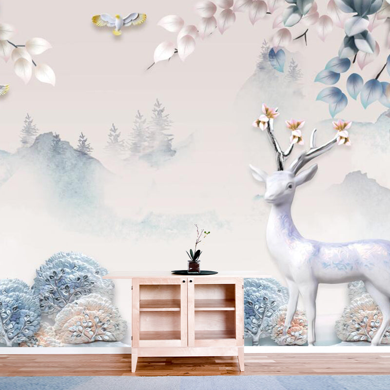 Frendorf | Misty Landscape Deers Wandmural Aufkleber Nordic Vliesstoff Wandkunst in Gelb-Blau