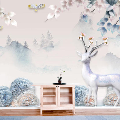 Frendorf | Misty Landscape Deers Wandmural Aufkleber Nordic Vliesstoff Wandkunst in Gelb-Blau