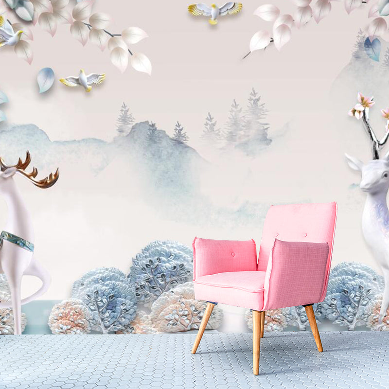 Frendorf | Misty Landscape Deers Wandmural Aufkleber Nordic Vliesstoff Wandkunst in Gelb-Blau