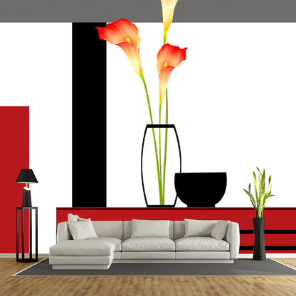 Frendorf | Ganze Calla-Lilie Wandkunst Künstliche Schöne Blumen Wanddekoration in Rot-Schwarz