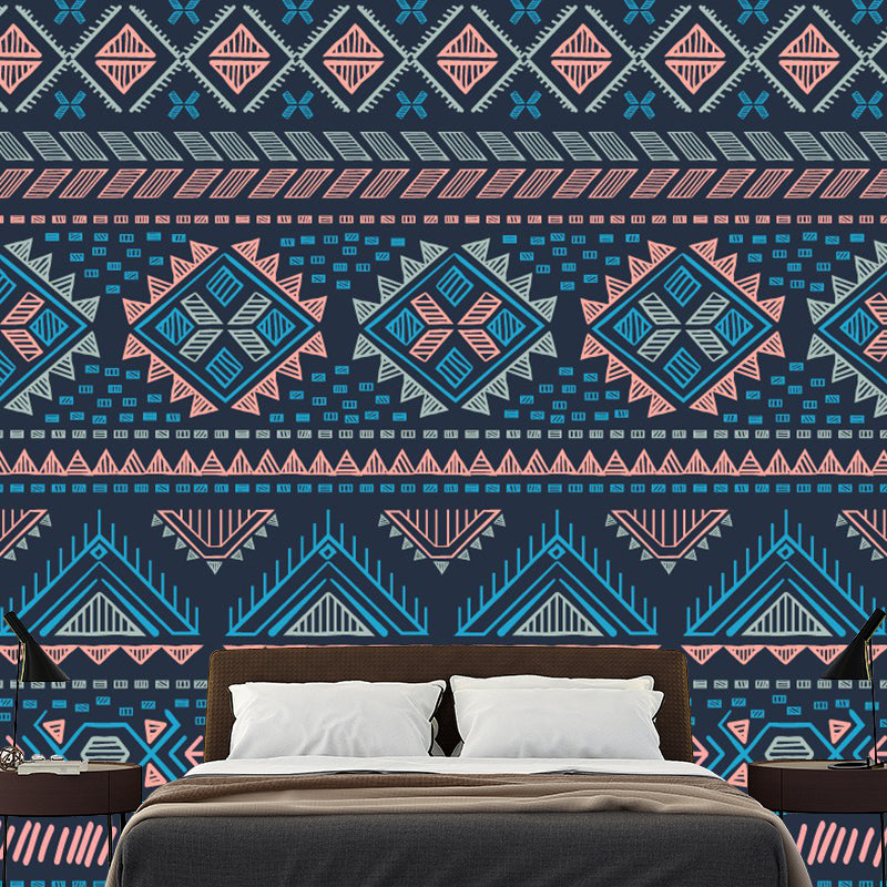 Frendorf | Boho Geometrische Tapetenmural für das Wohnzimmer Benutzerdefinierte Wanddekoration in Blau-Orange