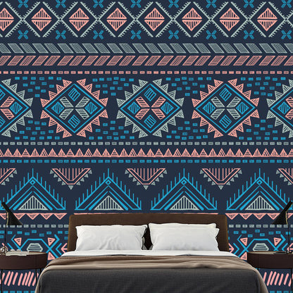 Frendorf | Boho Geometrische Tapetenmural für das Wohnzimmer Benutzerdefinierte Wanddekoration in Blau-Orange