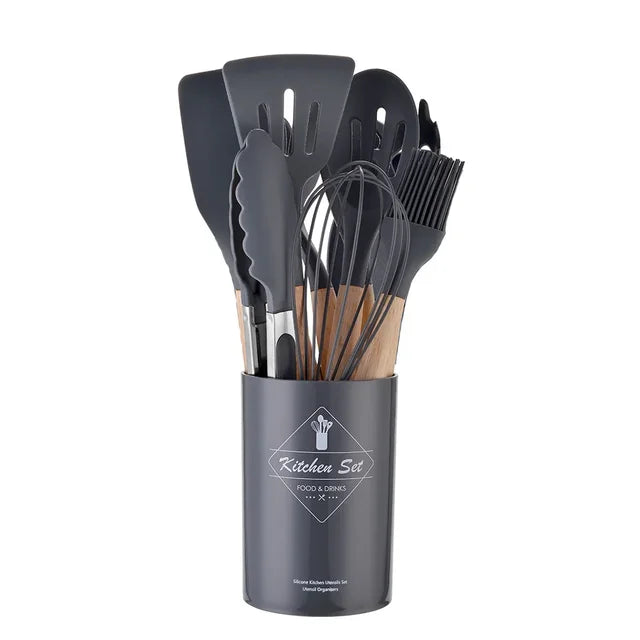 Frendorf | ELEGANT COOKING | 12-teiliges Set Silikon Küchenutensilien | Küchenwerkzeug mit Holzgriff | Nachhaltige Küchenhelfer
