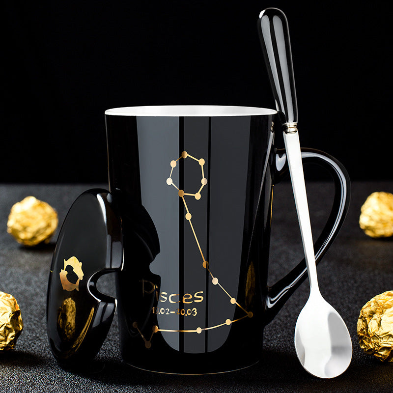 Frendorf | 12 Tierkreiszeichen Schwarze Keramiktasse mit Deckel Löffel