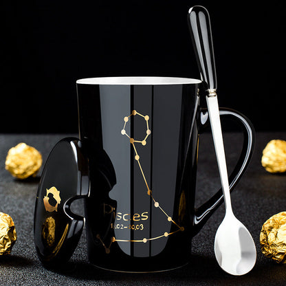 Frendorf | 12 Tierkreiszeichen Schwarze Keramiktasse mit Deckel Löffel