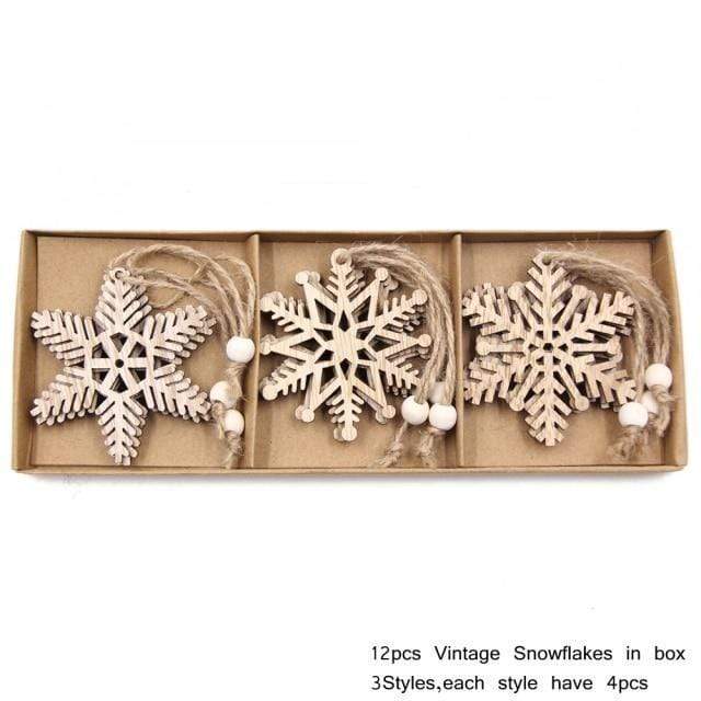 Frendorf | 12 Stück Vintage Holz Schneeflocke Weihnachtsbaum Dekor