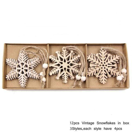 Frendorf | 12 Stück Vintage Holz Schneeflocke Weihnachtsbaum Dekor