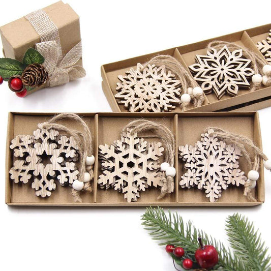 Frendorf | 12 Stück Vintage Holz Schneeflocke Weihnachtsbaum Dekor