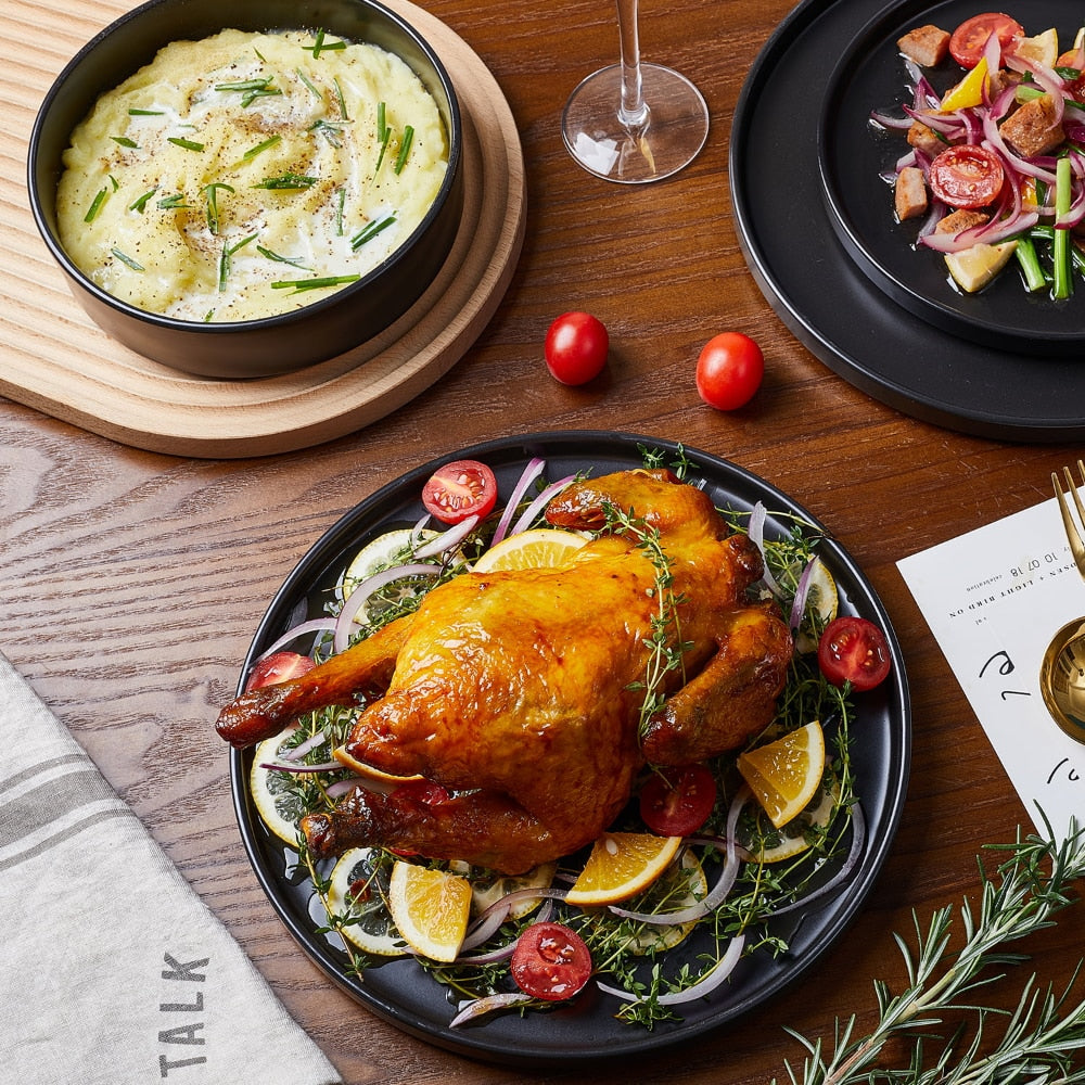 Frendorf | 12-teiliges Steingut Rundes Essgeschirr Set Schwarze Essgeschirr Sets