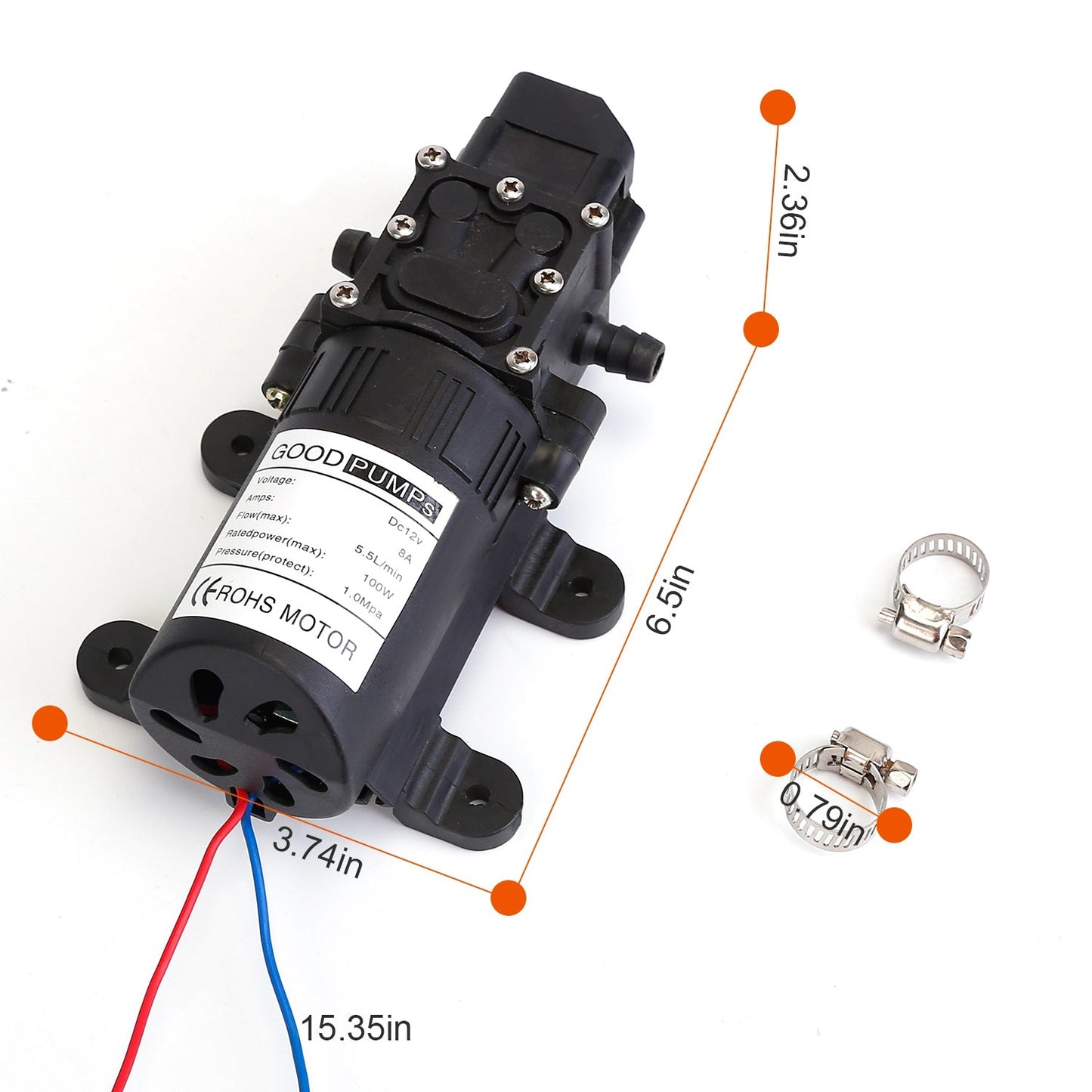 Frendorf | 12V Wasserpumpe mit 2 Schlauchschellen 123PSI selbstansaugende Spritzpumpe