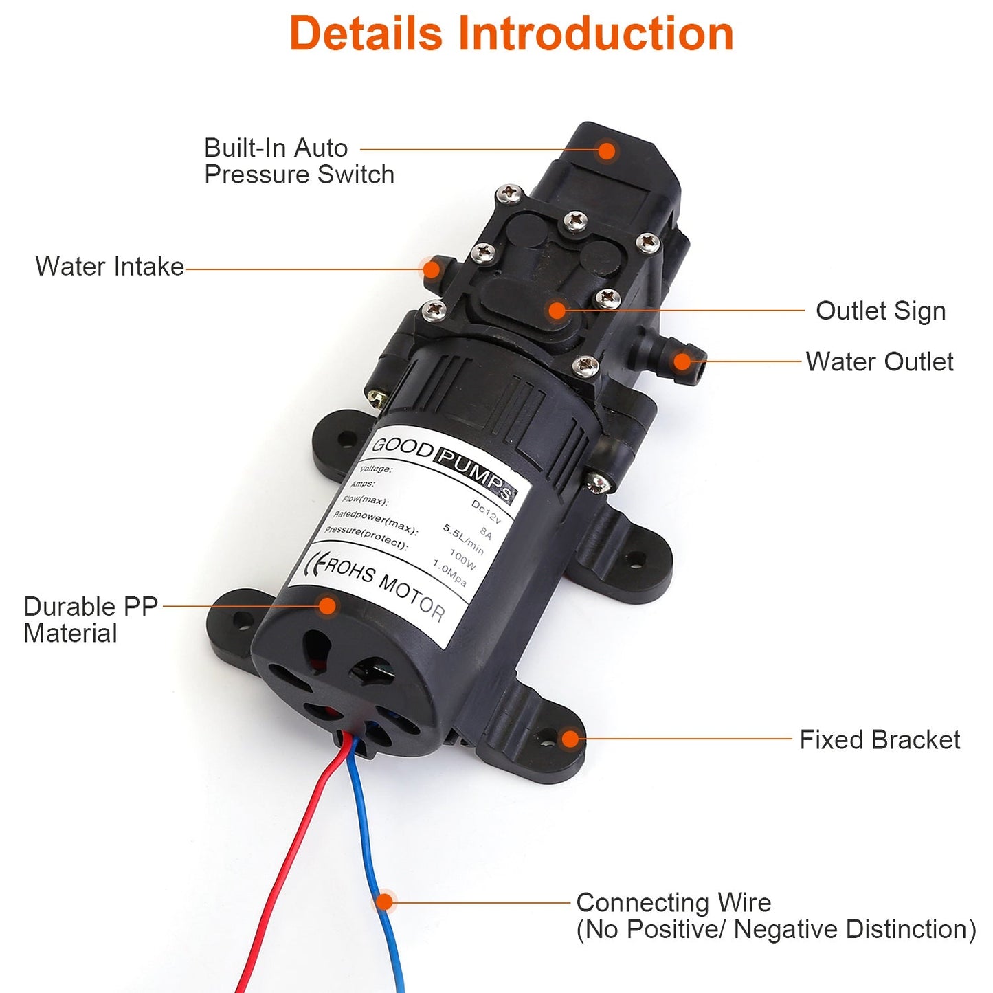 Frendorf | 12V Wasserpumpe mit 2 Schlauchschellen 123PSI selbstansaugende Spritzpumpe