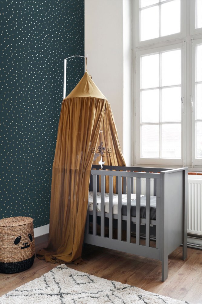 Frendorf | Dunkelblaue Vliestapete, goldene Punkte 139276, Wald Freunde, Esta