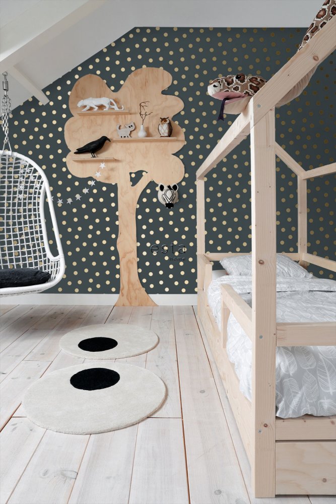 Frendorf | Grau-blaues Vlies-Tapete mit goldenen Punkten 139246, Waldfreunde, Esta