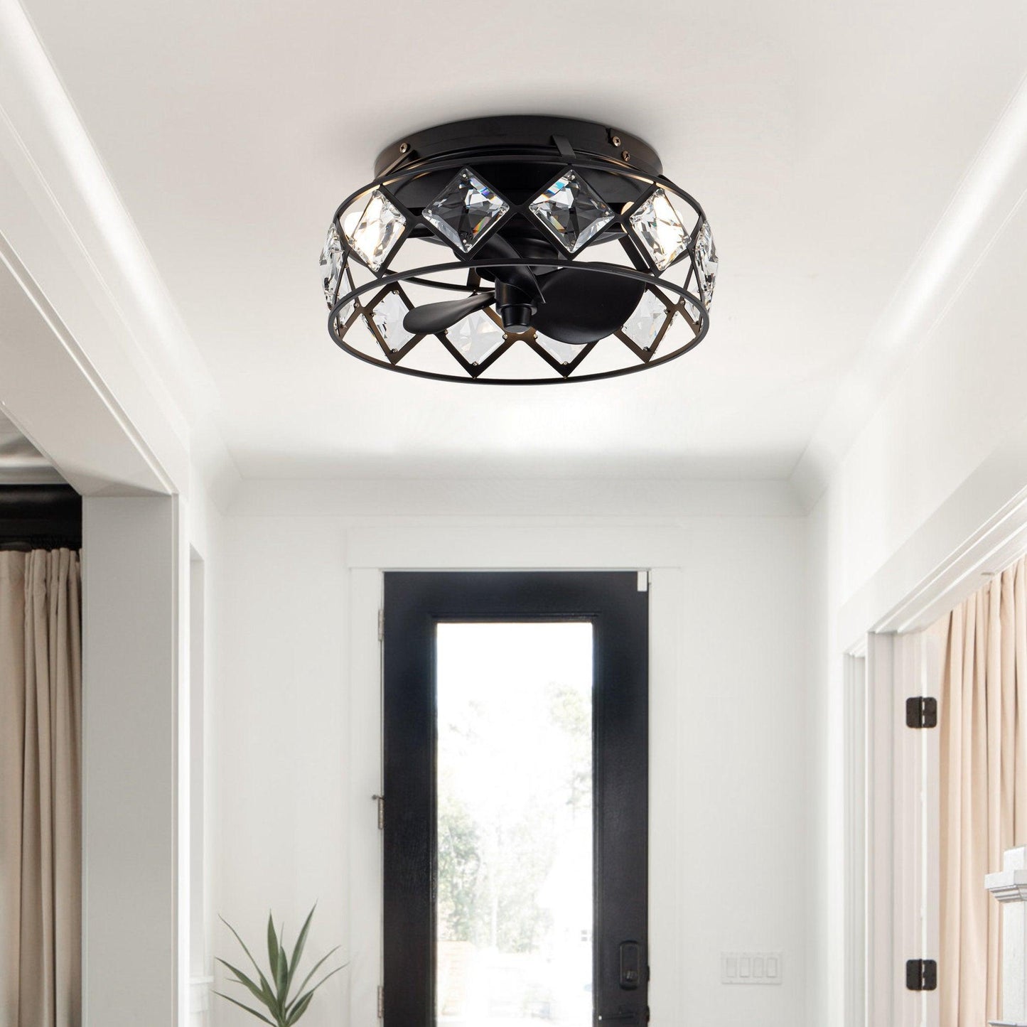 13" Srinager Modern DC Motor Flush Mount Reversible Crystal Deckenventilator mit Beleuchtung und Fernbedienung