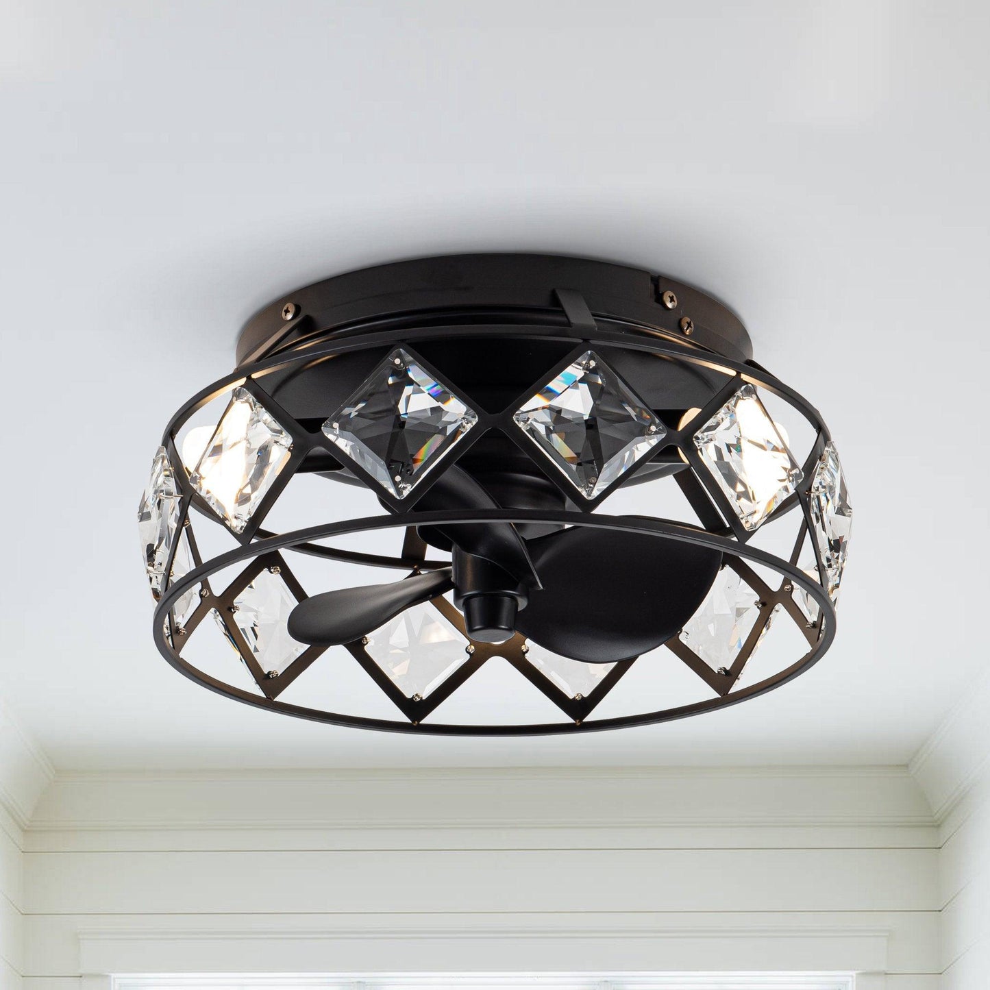 13" Srinager Modern DC Motor Flush Mount Reversible Crystal Deckenventilator mit Beleuchtung und Fernbedienung