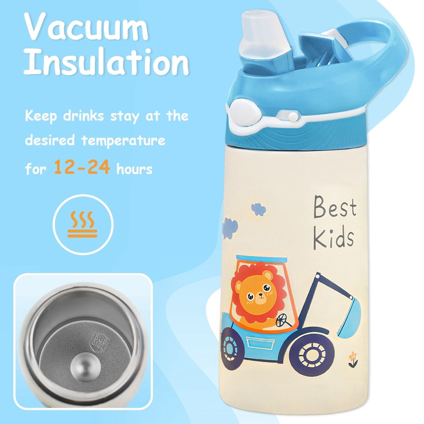 Frendorf | 13.50oz. Isolierte Edelstahl-Wasserflasche Auslaufsicher mit Strohhalm Druckknopfsperre