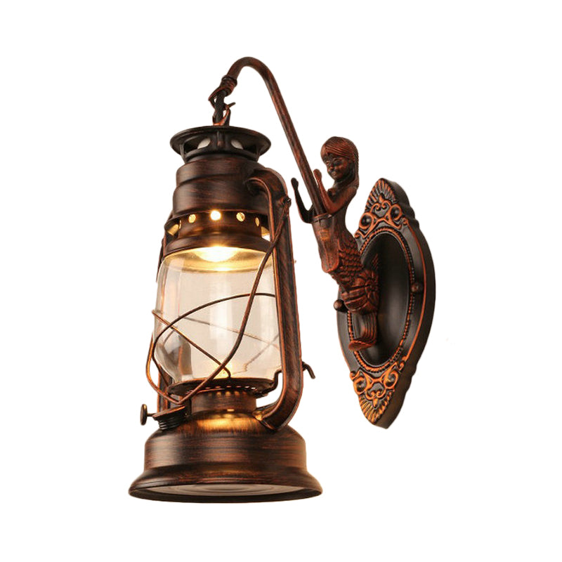 Frendorf | One Bulb Wandlamp met Lantaarn Schaduw Helder Glas Kust Slaapkamer Wandlamp in Zwart/Antiek Messing/Verweerd Koper met Zeemeermin