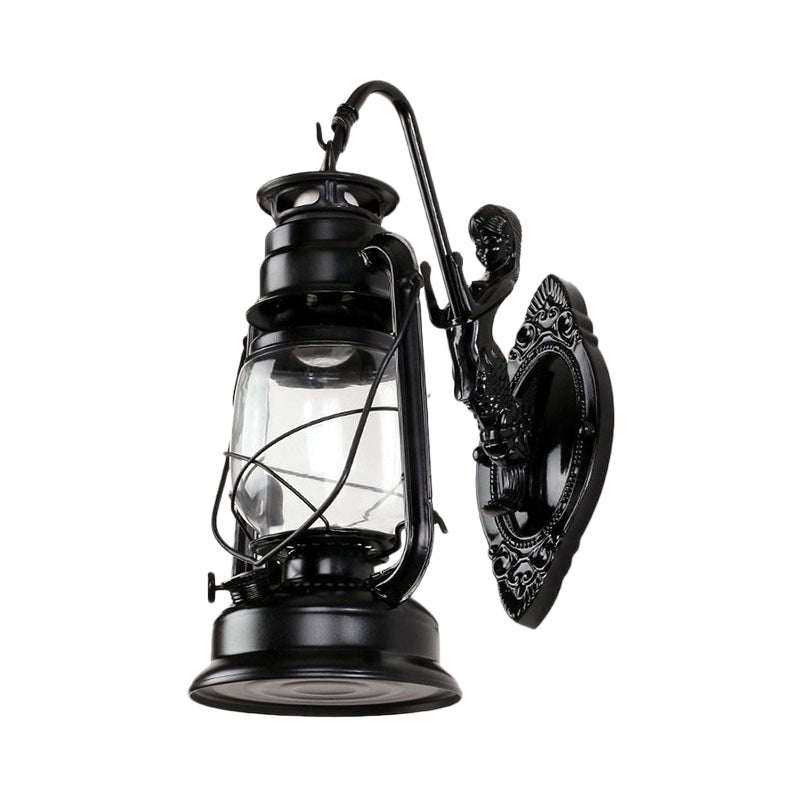 Frendorf | One Bulb Wandlamp met Lantaarn Schaduw Helder Glas Kust Slaapkamer Wandlamp in Zwart/Antiek Messing/Verweerd Koper met Zeemeermin