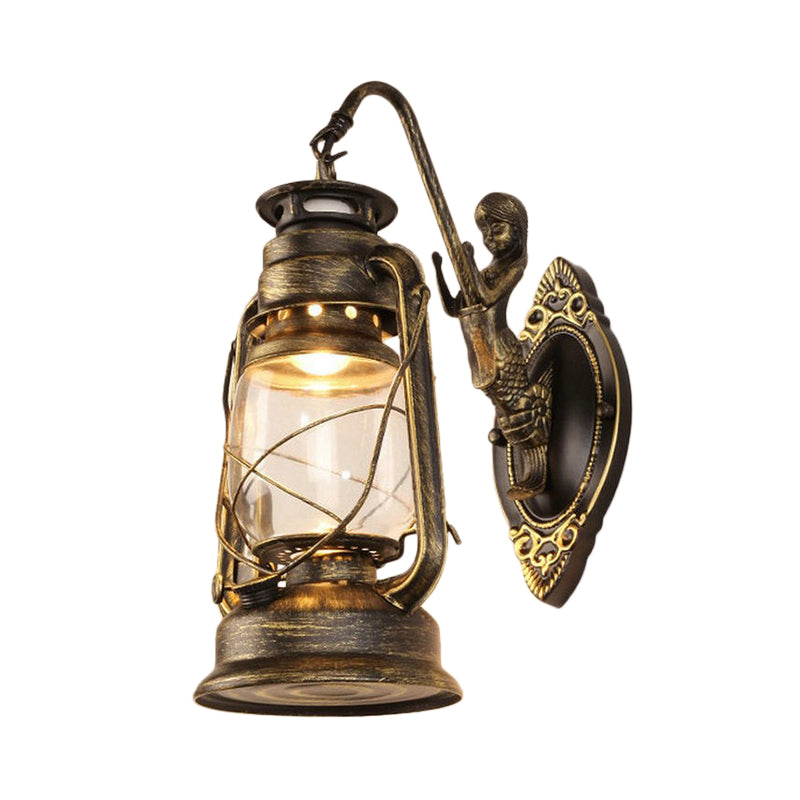 Frendorf | One Bulb Wandlamp met Lantaarn Schaduw Helder Glas Kust Slaapkamer Wandlamp in Zwart/Antiek Messing/Verweerd Koper met Zeemeermin