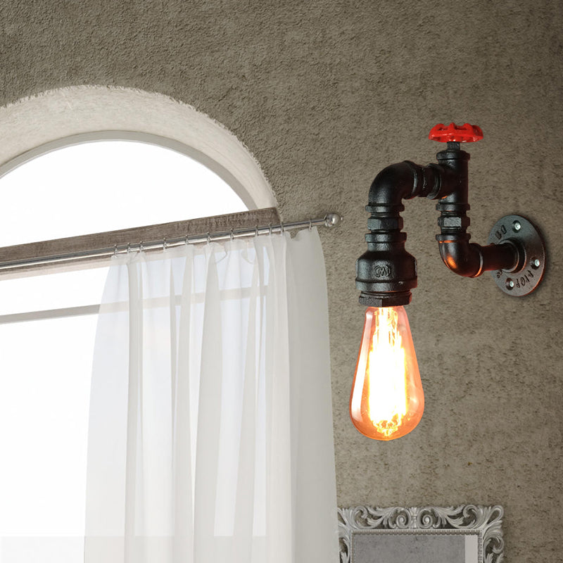Frendorf | Schwarze 1 Kopf Wand Sconce Licht Rustikal Industrie Metallrohr Wandlampe mit rohem Wasserhahnventil für Wohnzimmer