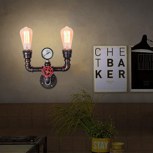 Frendorf | Antieke Koperen Waterpijp Wandverlichting met Drukmeter Rustiek IJzer 2/3 Koppen Restaurant Wandmontage Licht