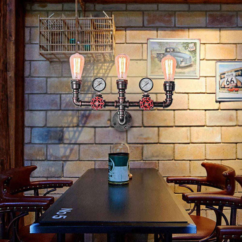 Frendorf | Antieke Koperen Waterpijp Wandverlichting met Drukmeter Rustiek IJzer 2/3 Koppen Restaurant Wandmontage Licht