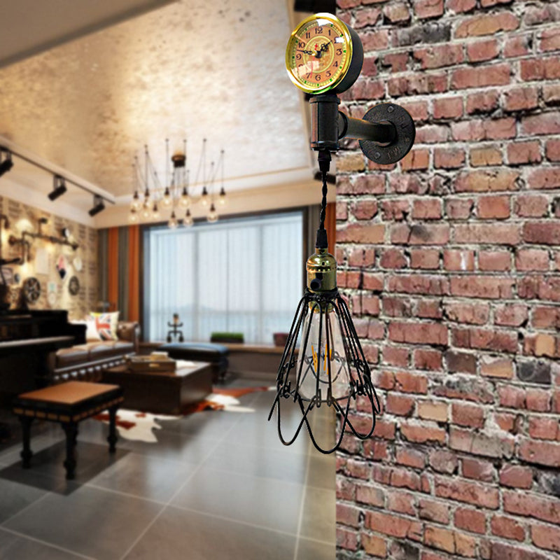 Frendorf | 1 Glühbirne Metall Wandlampe Bauernhaus Gealtertes Messing/schwarzer Drahtrahmen Flur Wandleuchte mit Messgerät
