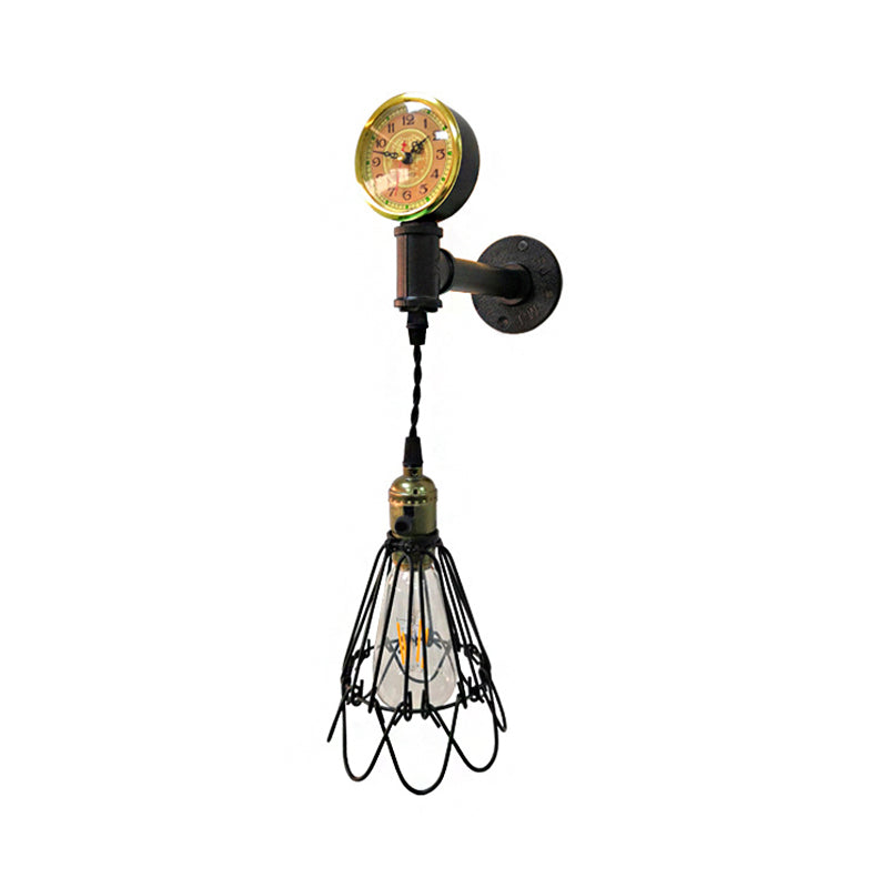 Frendorf | 1 Glühbirne Metall Wandlampe Bauernhaus Gealtertes Messing/schwarzer Drahtrahmen Flur Wandleuchte mit Messgerät