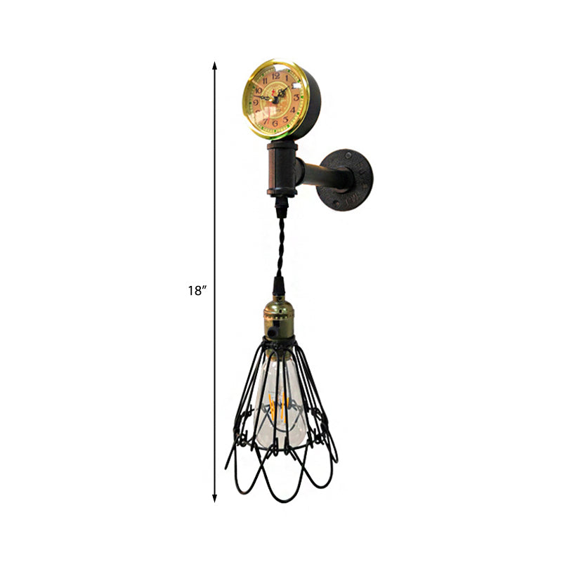 Frendorf | 1 Glühbirne Metall Wandlampe Bauernhaus Gealtertes Messing/schwarzer Drahtrahmen Flur Wandleuchte mit Messgerät