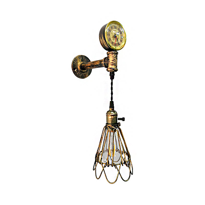 Frendorf | 1 Glühbirne Metall Wandlampe Bauernhaus Gealtertes Messing/schwarzer Drahtrahmen Flur Wandleuchte mit Messgerät