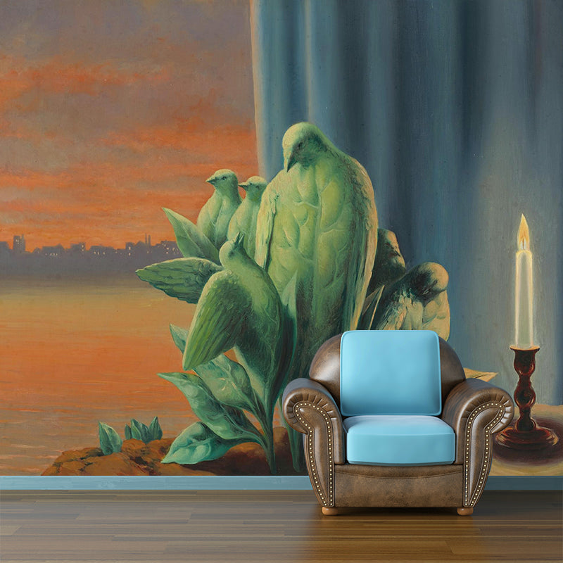 Orange-Grün Vogel Familien Wandgemälde Magritte Gemälde Surreal Waschbare Wandkunst für das Esszimmer