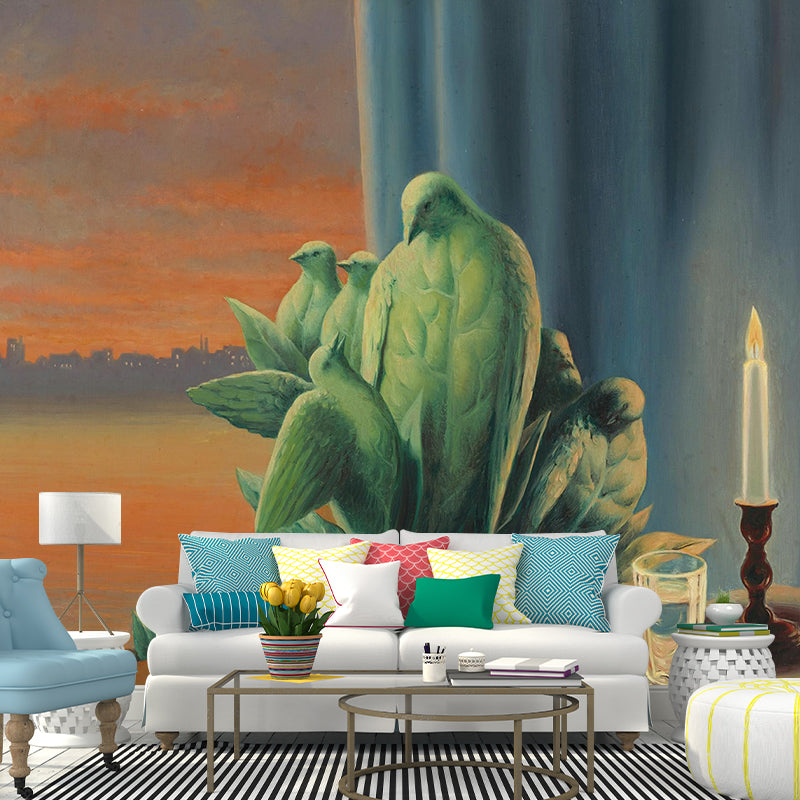 Orange-Grün Vogel Familien Wandgemälde Magritte Gemälde Surreal Waschbare Wandkunst für das Esszimmer