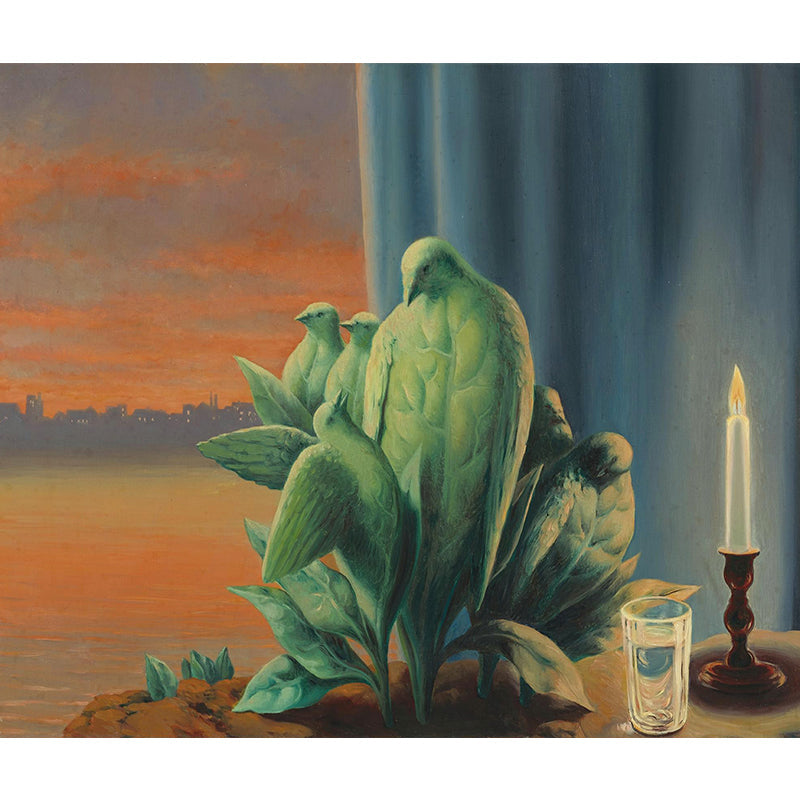 Orange-Grün Vogel Familien Wandgemälde Magritte Gemälde Surreal Waschbare Wandkunst für das Esszimmer