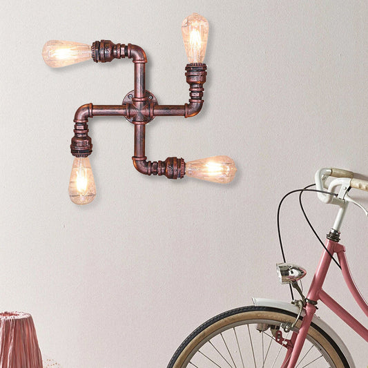 Frendorf | Wasserleitung Schmiedeeisen Wandlampe mit freiliegender Glühbirne Industrie 4 Lichter Restaurant Wandlicht in Antik Kupfer