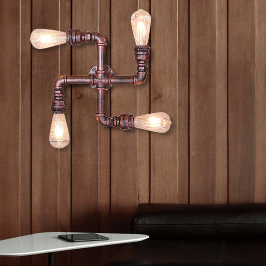 Frendorf | Wasserleitung Schmiedeeisen Wandlampe mit freiliegender Glühbirne Industrie 4 Lichter Restaurant Wandlicht in Antik Kupfer