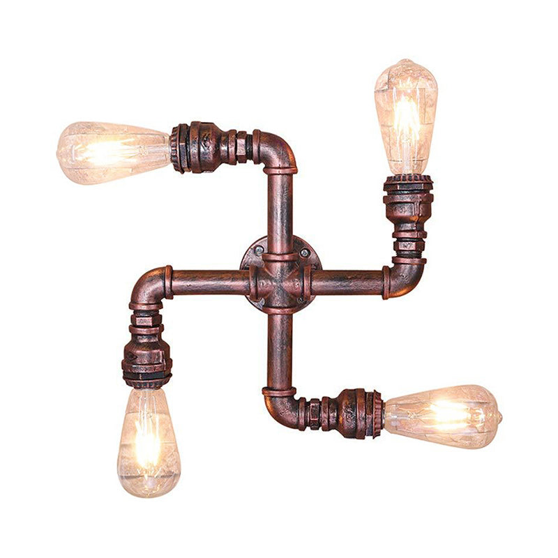 Frendorf | Wasserleitung Schmiedeeisen Wandlampe mit freiliegender Glühbirne Industrie 4 Lichter Restaurant Wandlicht in Antik Kupfer