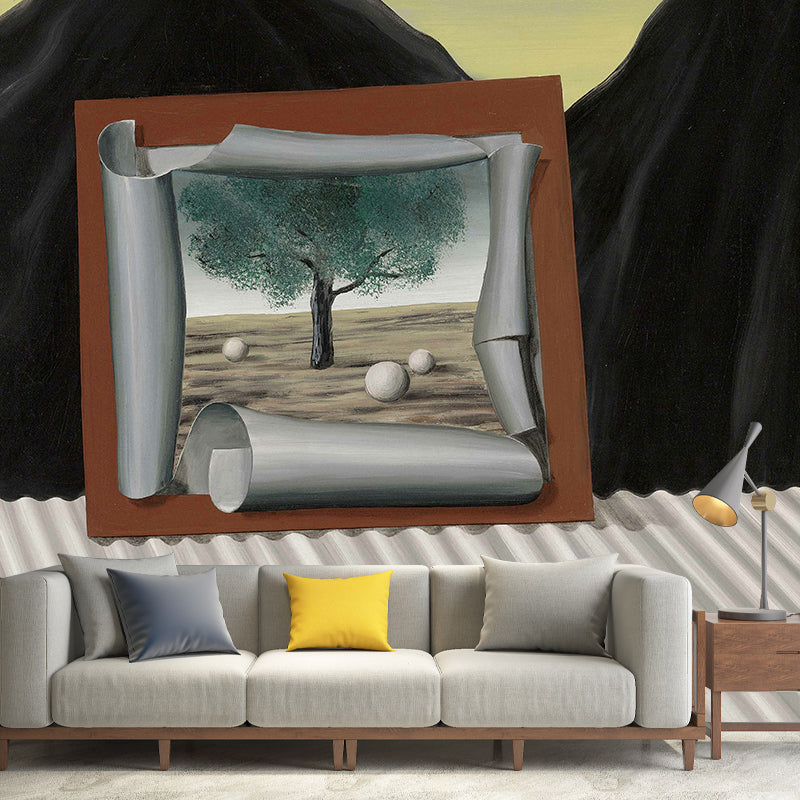 Benutzerdefinierte Illustration Surreale Wandtapete mit Rene Magritte das Zeichen des Abends Gemälde in Grau-Schwarz