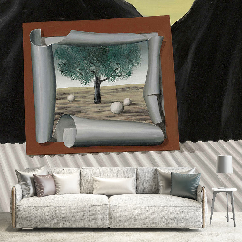Benutzerdefinierte Illustration Surreale Wandtapete mit Rene Magritte das Zeichen des Abends Gemälde in Grau-Schwarz