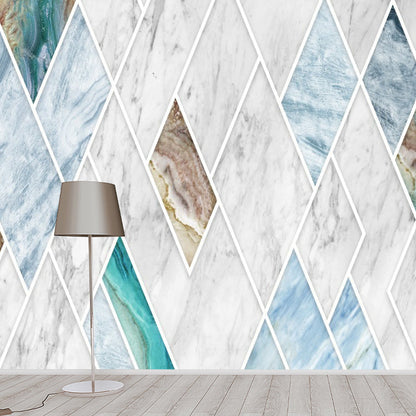 Frendorf | Blau-Weiß Marmor Tapetenmural Rhombus-Muster Modern Fleckenresistente Wandkunst