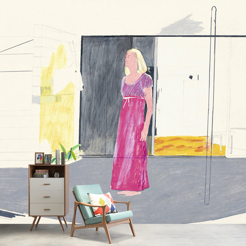 Frendorf | Aangepaste Illustratie Moderne Kunst Muurschilderingen met Vrouw bij Hotel Voorkant Schilderij in Grijs-Paars