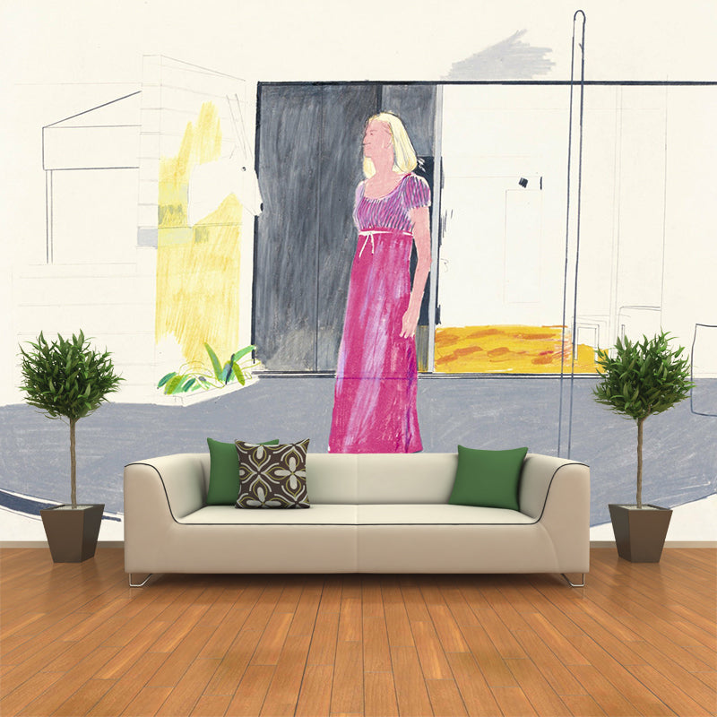 Frendorf | Aangepaste Illustratie Moderne Kunst Muurschilderingen met Vrouw bij Hotel Voorkant Schilderij in Grijs-Paars