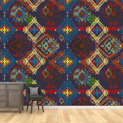 Frendorf | Boho Check Seamless Pattern Wandbild-Aufkleber für das Schlafzimmer Personalisierte Wandverkleidung in Rot-Gelb-Blau