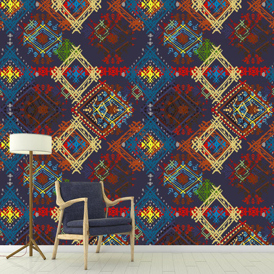 Frendorf | Boho Check Seamless Pattern Wandbild-Aufkleber für das Schlafzimmer Personalisierte Wandverkleidung in Rot-Gelb-Blau