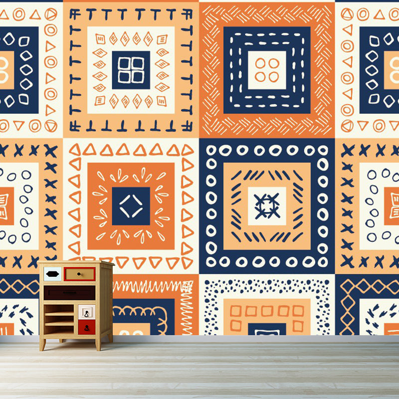 Frendorf | Bohemian Style Squares Wallpaper Mural Blau-Orange-Gelb Schlafzimmer Wandkunst, Benutzerdefinierte Größe