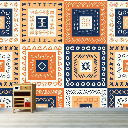 Frendorf | Bohemian Style Squares Wallpaper Mural Blau-Orange-Gelb Schlafzimmer Wandkunst, Benutzerdefinierte Größe