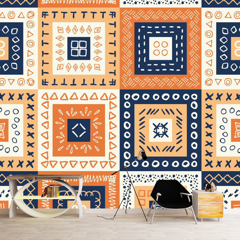 Frendorf | Bohemian Style Squares Wallpaper Mural Blau-Orange-Gelb Schlafzimmer Wandkunst, Benutzerdefinierte Größe