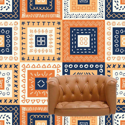 Frendorf | Bohemian Style Squares Wallpaper Mural Blau-Orange-Gelb Schlafzimmer Wandkunst, Benutzerdefinierte Größe