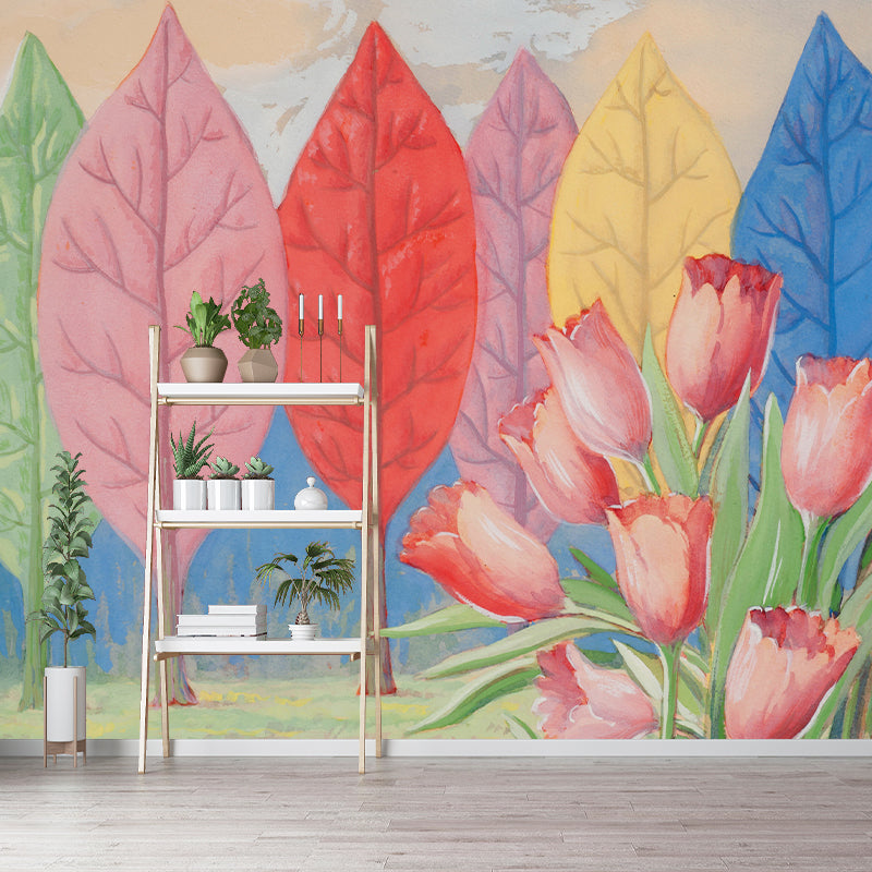 Frendorf | Bladboom en Tulp Muurdecals Multikleur Surrealisme Wandkunst voor Woonkamer