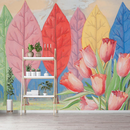 Frendorf | Bladboom en Tulp Muurdecals Multikleur Surrealisme Wandkunst voor Woonkamer